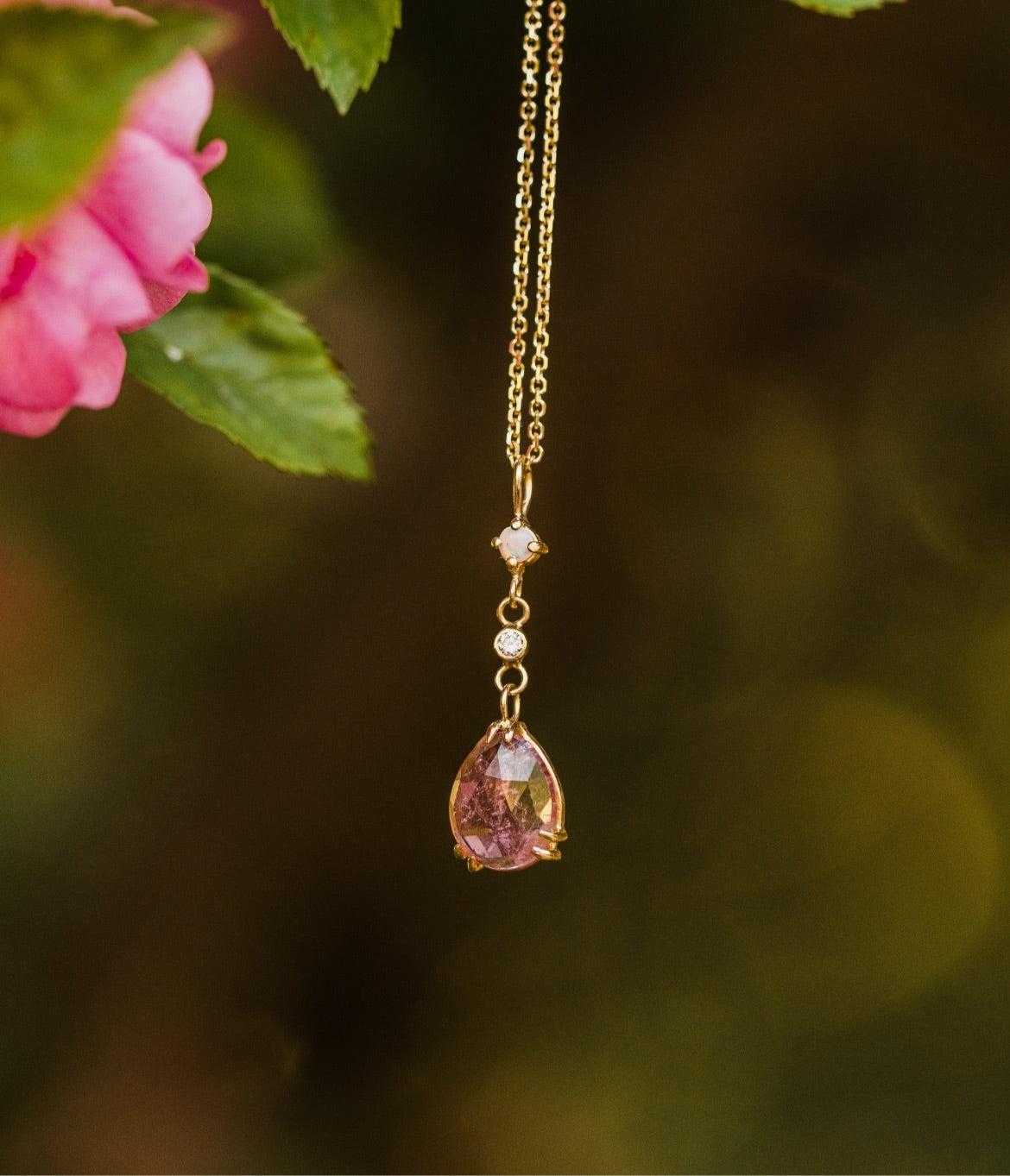 Bespoke 14kt yellow gold pink tourmaline, diamond and opal drop necklace