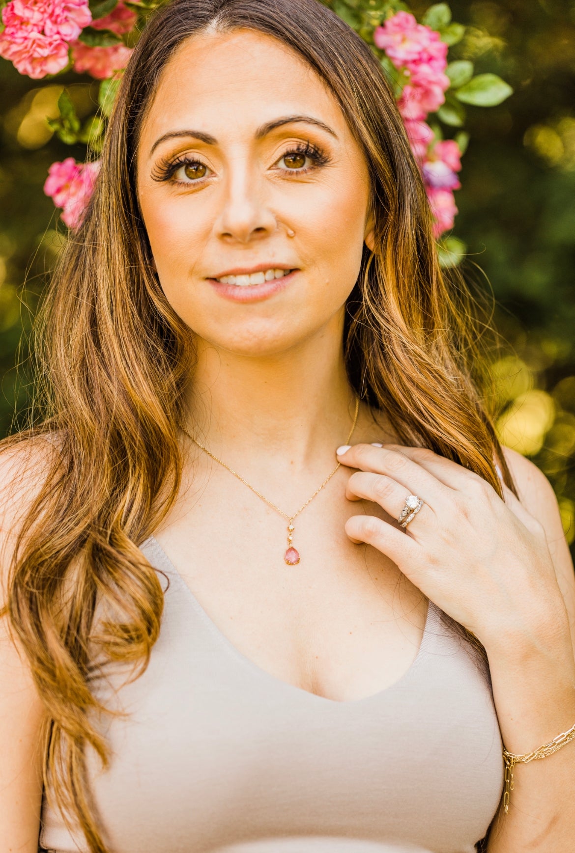 Bespoke 14kt yellow gold pink tourmaline, diamond and opal drop necklace