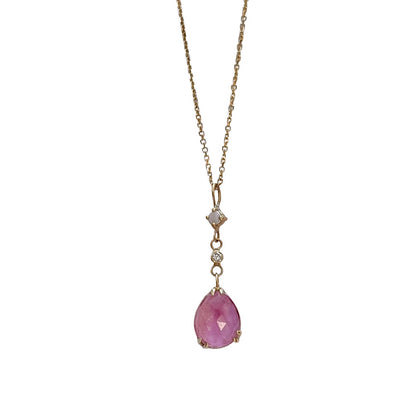 Bespoke 14kt yellow gold pink tourmaline, diamond and opal drop necklace